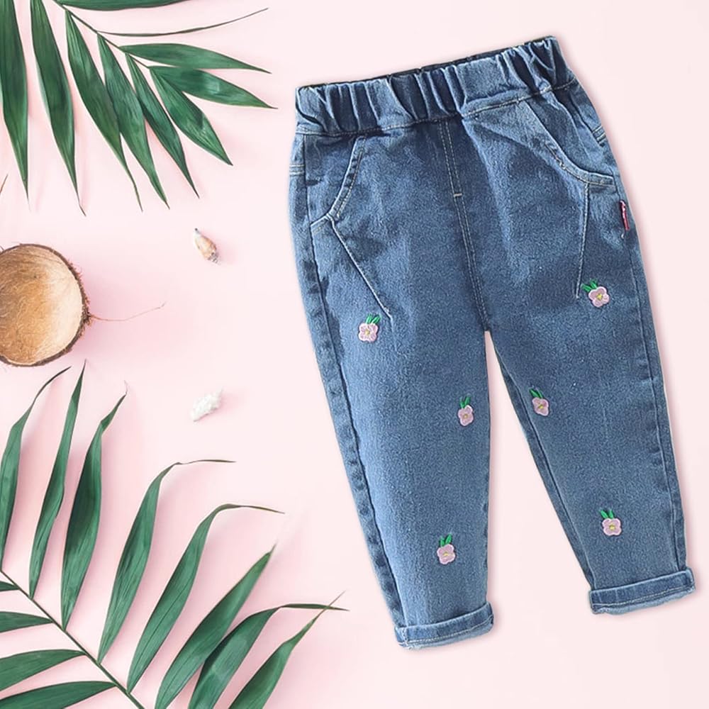 パンツ Enewd nina flower embroidery pants Little Girl's Jeans Flower Embroidery Denim Pants Elastic